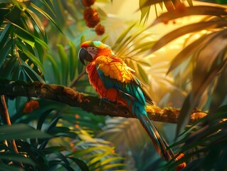 Vibrant Tropical Bird Perched with Sunset Lighting Product Placement in Lush Greenery