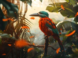 Vibrant Tropical Bird Perched Amidst Sunset Lighting Product Placement in Lush Foliage