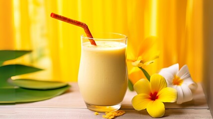 Simple short glass of bright juice, milkshake, milk smoothie, cocktail with eco drinking straw and summer theme decoration made of exotic flowers, yellow background
