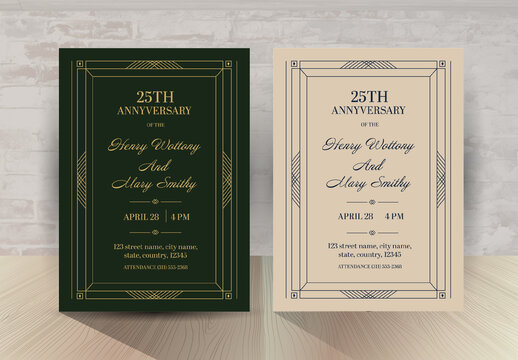 Beige and Olive Green Elegant Art Deco Anniversary Invitation Template
