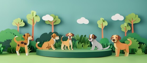 For National Dog Day, an empty studio podium showcases playful dogs in a park setting, using paper art styles, portrayed in an engaging banner sharpen