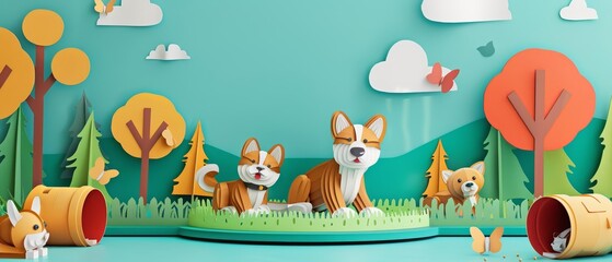 For National Dog Day, an empty studio podium showcases playful dogs in a park setting, using paper art styles, portrayed in an engaging banner sharpen