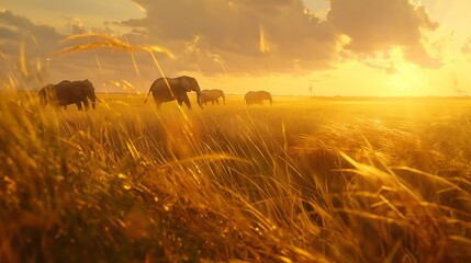 A sun-drenched savannah stretching to the horizon, tall grasses swaying in the breeze as a herd of elephants moves gracefully across the landscape. 32k, full ultra HD, high resolution