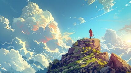 Picture a cartoon illustration depicting Abraham and Isaac embarking on their journey to the mountaintop, conveying a blend of determination and apprehension in their expressions