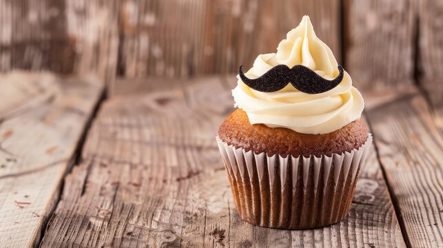 Delicious creative cupcake with mustache on wooden table. Father day theme. generative ai