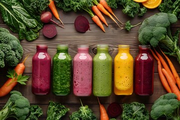 Vibrant Detox Smoothies on Rustic Wooden Table with Fresh Produce