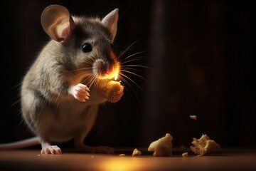 Adorable grey mouse holding a piece of cheese with warm lighting on a dark backdrop