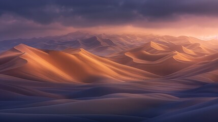 A surreal desert panorama, with towering sand dunes stretching as far as the eye can see, illuminated by the golden light of sunset, creating a mesmerizing play of shadows and textures. 