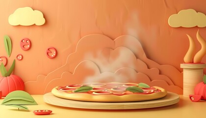 Paper art and craft style of National Pizza Day, depicting a cheesy pizza slice with toppings, in retro color, kawaii template sharpen with copy space
