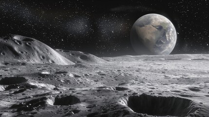 A surreal lunar landscape, with rugged craters and barren plains stretching to the horizon, bathed in the soft glow of Earthrise, against a backdrop of infinite space and distant stars