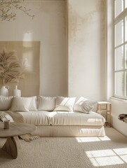 Beautiful white and beige living room with carpeted floor, wallpaper, and fabric couch. Classic minimalism,. Generative AI