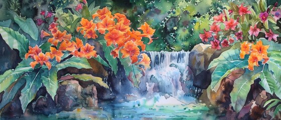 Set of watercolor of canna lilies, fiery and wild, cascading down a crystal waterfall in a hidden, verdant valley