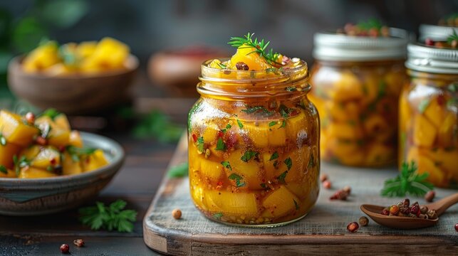 Homemade Mango Pickle or aam ka achar or Kairi Loncha in a white jar, selective focus