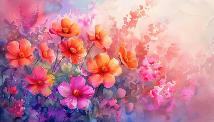 A vibrant watercolor painting of blooming flowers in various shades of pink and orange, set against a soft, dreamy background.