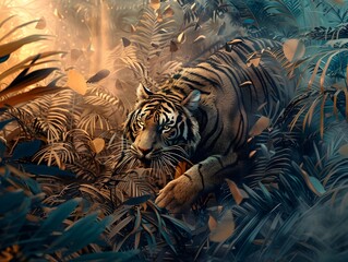 Majestic Tiger Stalks Through Lush SilverHued Jungle at Sunset in Style
