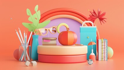 Teacher Appreciation Day is depicted with a 3D round podium for showcasing handmade gifts and school supplies, in retro styles, formatted as a respectful synth wave illustration