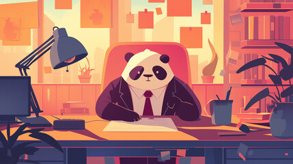 Urso panda vestindo terno no escritório - Ilustração infantil fofa, delicada e alegre - arte colorida 