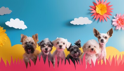 Trendy art paper collage design of National Dog Day, featuring playful puppies in a park, in synth wave styles, banner template sharpen with copy space
