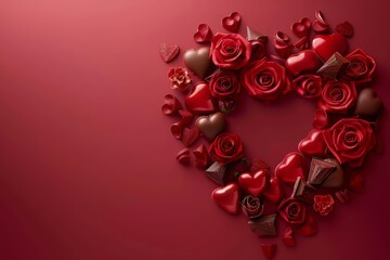 Valentines Day is represented by a solid HUD icon of a heart made of roses and chocolates, designed in solid color style, forming a romantic banner template with copy space