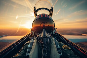 Pilot in fighter jet cockpit at sunset