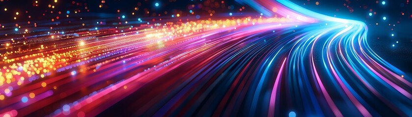 Colorful light trails representing data transfer, isolated on a dark background with ample copy space