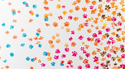 Multicolored dog and kitten paw prints on a white canvas