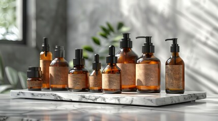 Stylish arrangement of skincare bottles on a marble tray. AI generate illustration
