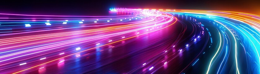 Dynamic neon light trails in various colors, illustrating highspeed data transfer, isolated on a dark background with copy space