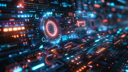 Obraz premium Futuristic digital interface with holographic elements, representing advanced technology, isolated with copy space