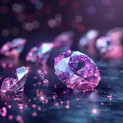 Background of crystals, diamonds, diamonds. The texture of precious stones, the reflection of light on a dark neon background.