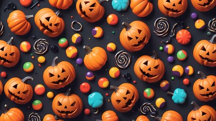 Halloween background with pumpkins and candies suitable for commercials with free space text media. Dark gray background with colorful objects in foreground halloween theme