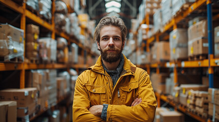 A handsome man working in a warehouse, wearing a yellow jacket and standing with his arms crossed looking at the camera - Powered by Adobe