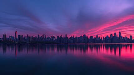 Fototapeta premium New York City at dawn, with the skyline silhouetted against a soft