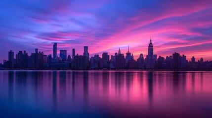 New York City at dawn, with the skyline silhouetted against a soft