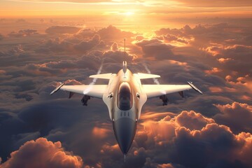 Fighter jet soaring above clouds at sunset
