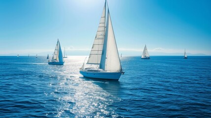 Fototapeta premium Yachts with white sails gracefully sailing on the open sea under a clear blue sky