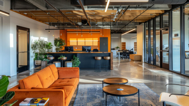 A large open office space with a couch, two coffee tables, and a potted plant