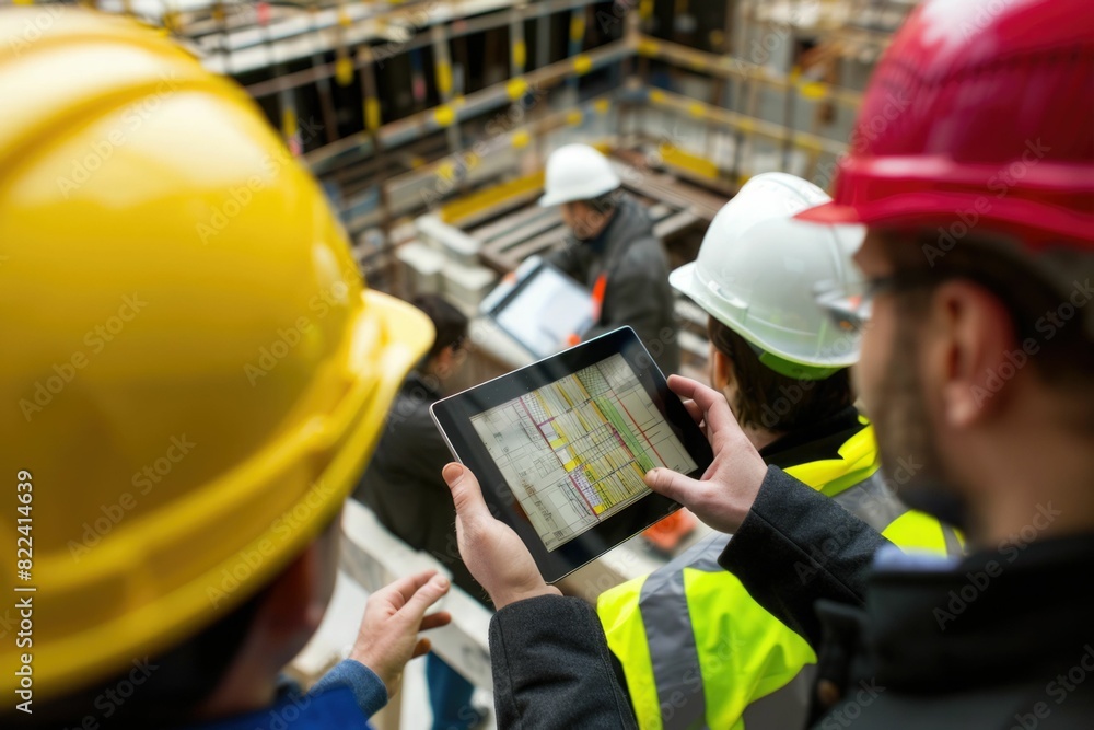 Poster everyone needs to be on the same page. shot of a group of architects using a digital tablet at a bui