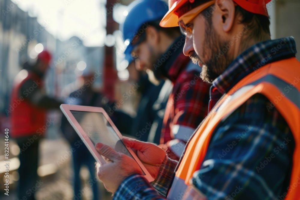 Poster everyone needs to be on the same page. shot of a group of architects using a digital tablet at a bui