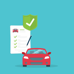 Car insurance document, report. Paper agreement checklist or loan checkmarks form list approved with automobile icon, vehicle financial, car dealership legal deal.	