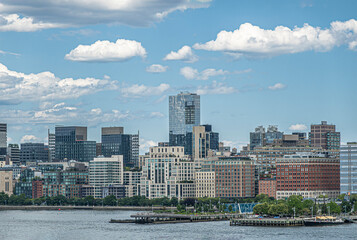 New York, NY, USA - August 1, 2023: Pier 25 and 26 and facades north of Hubert street. Green...