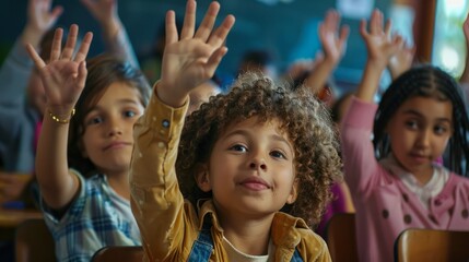 Children raise their hands to answer in the classroom. Back To School concept. Backdrop with selective focus