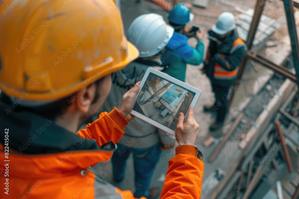 Poster everyone needs to be on the same page. shot of a group of architects using a digital tablet at a bui