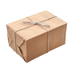 A neatly wrapped package with brown paper and secured with twine, isolated on a white background