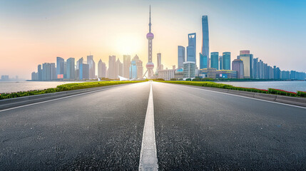 Obraz premium Empty asphalt road and modern city skyline with building