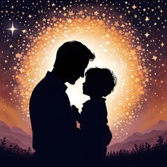 Father's day card. Dad and child in a warm hug. Various options, stars bloom. copy space. Vector illustration. Generative AI