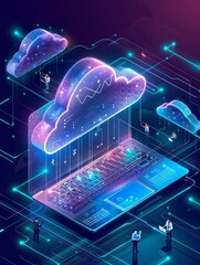 Cloud services and business people touch laptop user interface with technology concept isometric illustration background