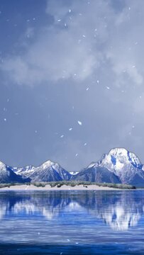 Vertical Mountain Lake with Snowfall 4K features rippling water in the foreground and a mountain range with moving clouds in the sky in the background with falling snow in a vertical ratio, not a.i.