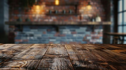 A vintage wooden table set against the backdrop of a blurry concrete block wall in a darkened, moody room. AI generated