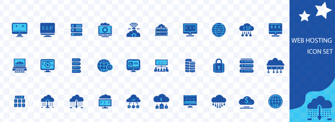 Web hosting icon set. Containing cloud computing, server, domain, firewall, internet, FTP, database, SSL, data hosting and more. Solid vector icons collection